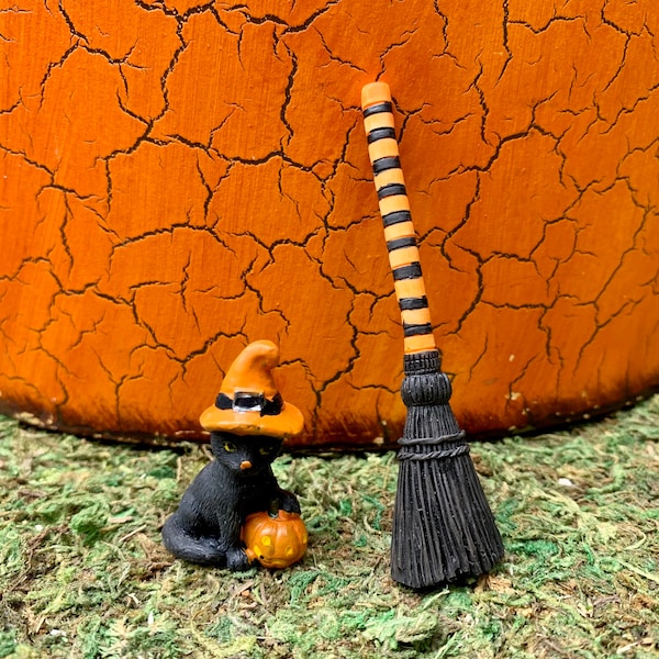 Miniature Witch Cat Or Witch Broom - Your Choice - Halloween Miniatures - Cake Toppers - Fairy garden - Miniature Cat - Miniature Broom