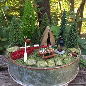 Miniature Camping Scene With Canoe Tent Deer And Bear -Enjoy the Outdoors-Miniature Camping -Miniature Tent-Cake Toppers-Wedding Cake Topper