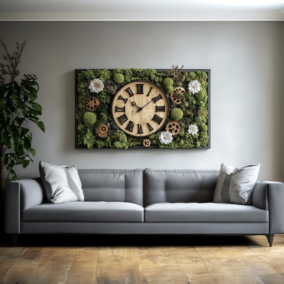 Wood Wall Clock-moss Wall Art Moss Art Moss Wall Clock, Moss Art With ...