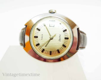 Timex Electric Woman's Watch 1972 with Silver Dial and Date Window Electronic Movement