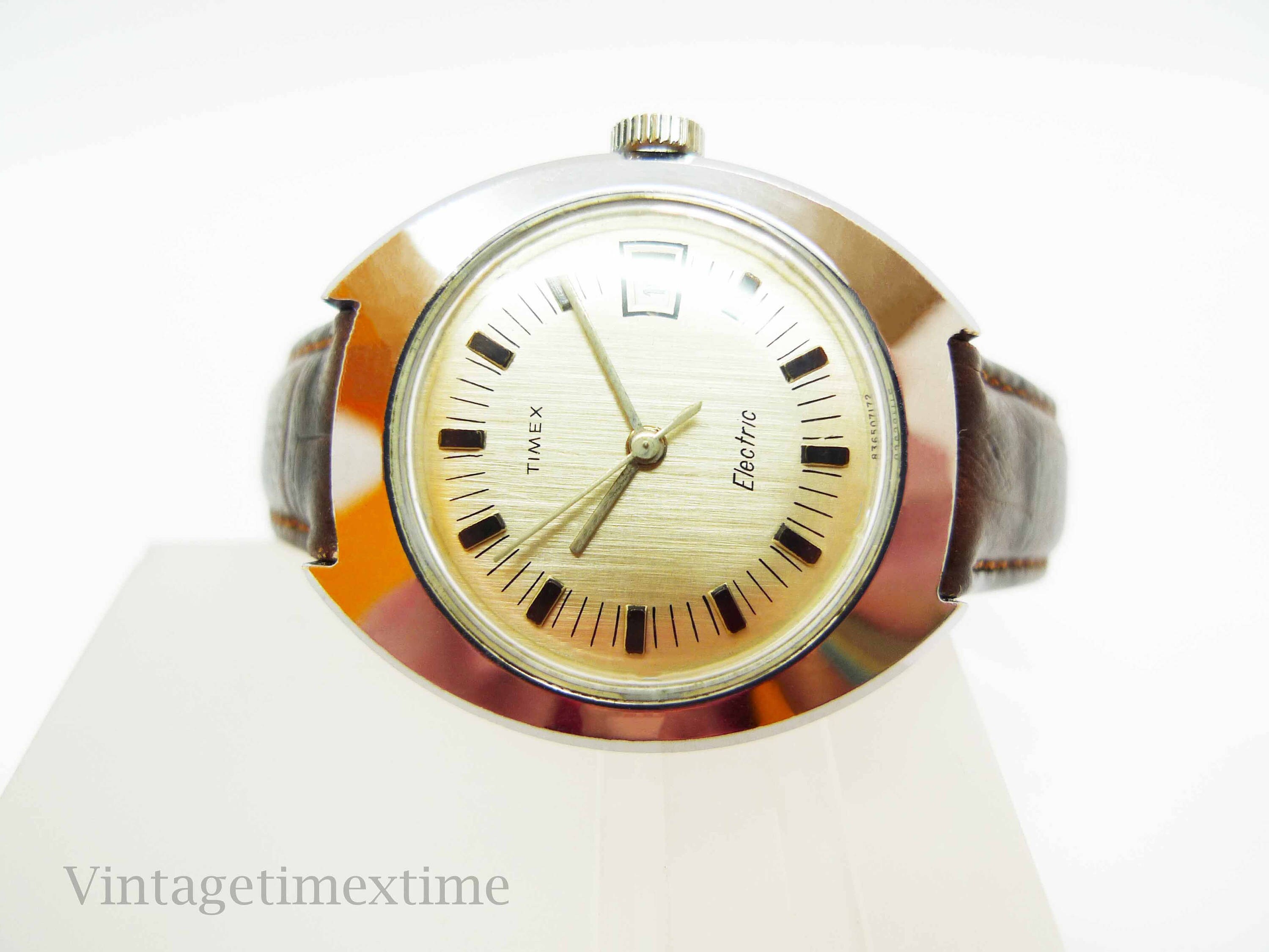 1972 Timex Ladies Electric Calendar Chrome Plated Vintage Date Watch Black Strap Timex World Time Electric Day Date Watch 77971 4273 [1973  main image 2