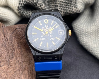 Relógio masculino retrô Pro-Am Timex 1987 mostrador preto com janela de data e movimento de quartzo