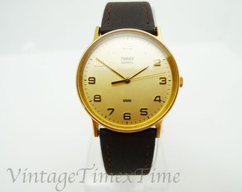 Timex Men's Retro Watch 1988 Gold Dial With Quartz Movement