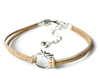 Bracelet d'amitié, bijou symbole, lien d'amour, liège naturel, noeud argent 925, cuir vegan, bijou minimaliste, noeud ruban, à superposer