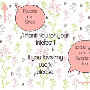 Puede incluir: Un fondo blanco con un patr&oacute;n floral rosa. El texto "Favorite my Shop" est&aacute; en un globo de di&aacute;logo rosa. El texto "Thank You for your interest! If you love my work, please: add to your cart or favorite this item" est&aacute; en texto negro. Una flecha apunta hacia la derecha y una flecha apunta hacia arriba.