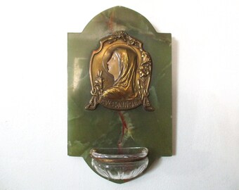 Green Marble Benitier - French Antique Religious - Holy Water Font - Religious Plaque - Vintage Benitier - Glass Font - Vintage Religious
