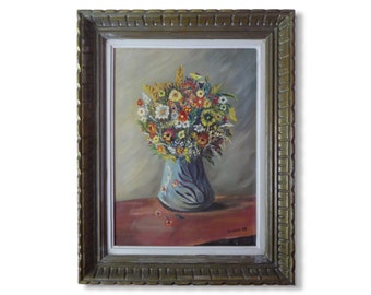 Vintage Floral Still Life Painting: 1950s Signed Oil on Canvas
