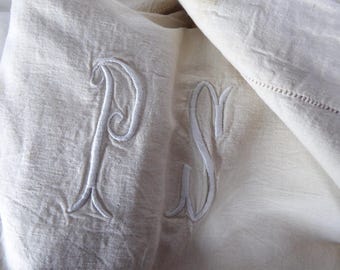 Antique French Bed Sheet: Embroidered PS Monogram, Ivory Cotton