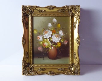 Vintage Floral Oil Painting In Gilt Frame