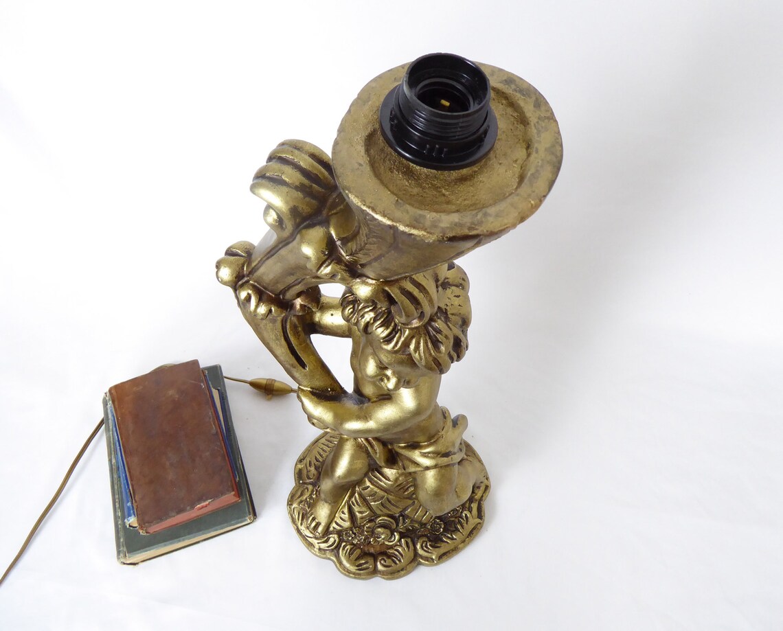 Large Plaster Cherub Lamp Cherub Decor Gilded Cherub Table Etsy