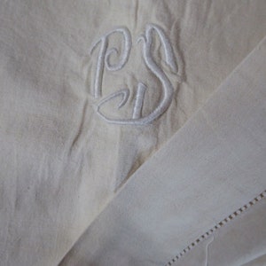 French Vintage Embroidered Cotton Bed Sheet: PS Monogram, Double Size