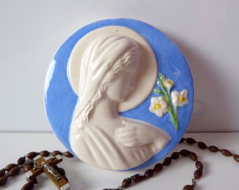 Madonna With Lilies | Italian Porcelain Religious Plaque | Blue Religious Wall Décor