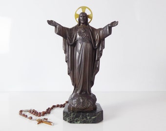Christus de Verlosser - Antieke Franse religieuze sculptuur - Heilig Hart - art-decobeeldje