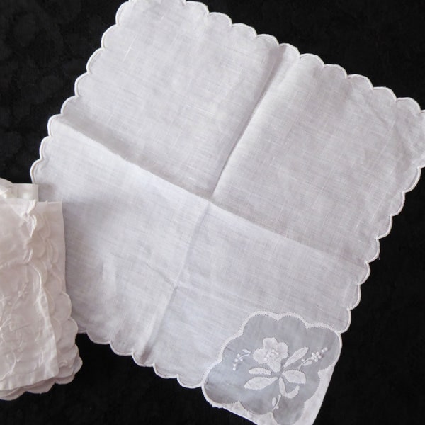 Set Of Three Vintage French Cotton Handkerchiefs Embroidered With A Floral Design