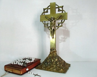 Vintage French Bronze Crucifix: Art Nouveau Tabletop Altar Cross