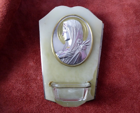 Bénitier Vintage En Marbre - Médaillon Vierge - Art Déco