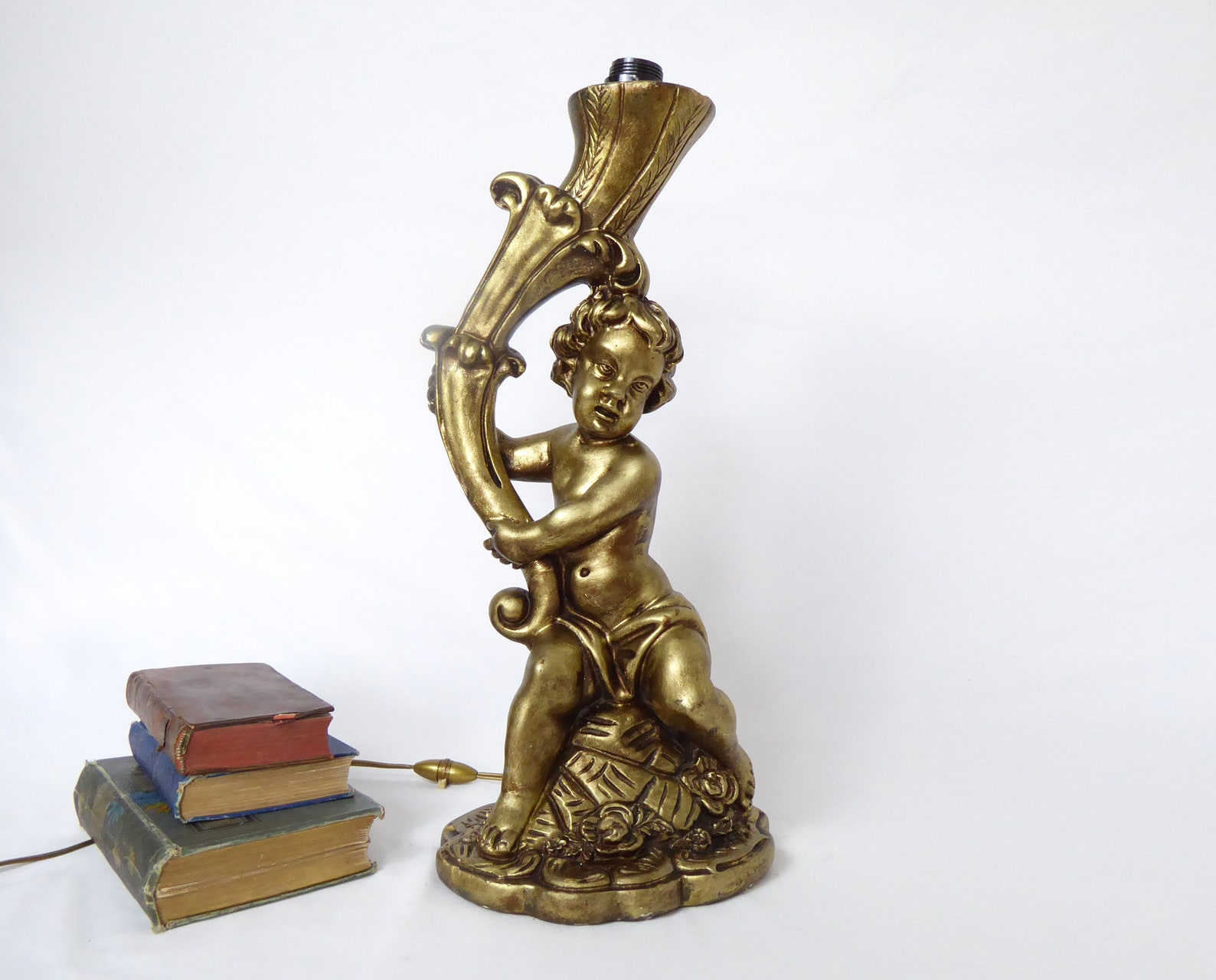 Large Plaster Cherub Lamp Cherub Decor Gilded Cherub Table Etsy