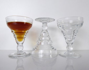 Set Of Small Wine Or Aperitif Glasses - Antique French Art Deco Glasses - Set Of Three Small Stemmed Glasses - Spirits Glasses