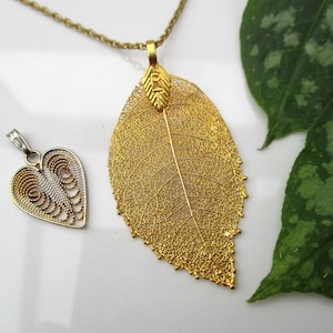 Filigree pendants - leaf pendant and heart pendant - vintage gold plated French jewellery