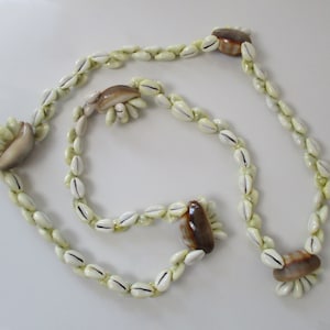 Vintage Tahitian Cowrie Shell Necklace: Long Boho Beach Jewelry