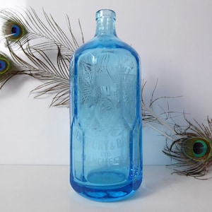Vintage Blue Glass Soda Syphon Bottle | Vintage Seltzer Bottle | Etched Blue Glass Bottle | J&B Manchester | Jewsbury and Brown