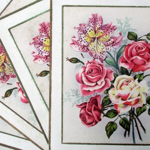 May include: A vintage card with a bouquet of pink, white, and yellow flowers. The flowers are painted in a realistic style and include lilies and roses.