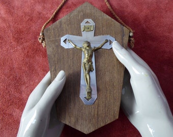 Vintage Religious Wall Crucifix With Oak Plaque | French Religious Décor | Corpus Christi