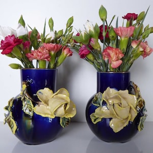 Pair Of Majolica Vases - Antique Barbotine Majolica Pottery - Vintage Majolica Vase - Pair Of Decorative Antique Vases