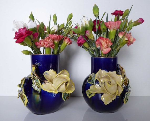 アンティーク マジョリカ花瓶: コバルト ブルー バルボティーヌ陶器 コバルトブルー 陶器 花瓶 2個セット