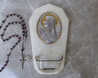 Art Deco Marble Holy Water Font: Escudero Medallion, Religious Decor
