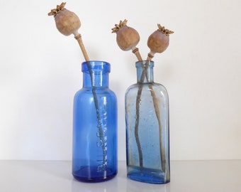 Pair Of Vintage Blue Glass Medicine Bottles - Apothecary Bottles - Diuromil - Masons Wine Essences