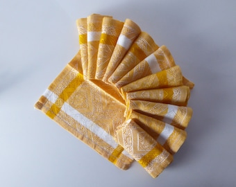 Set Of Yellow Vintage French Napkins, Retro Table Linens