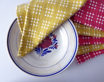 Set Of Six French Napkins In Mustard Yellow And Red Cotton Fabric