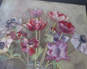 Vintage Anemone Flower Painting: Signed Floral Still Life Art