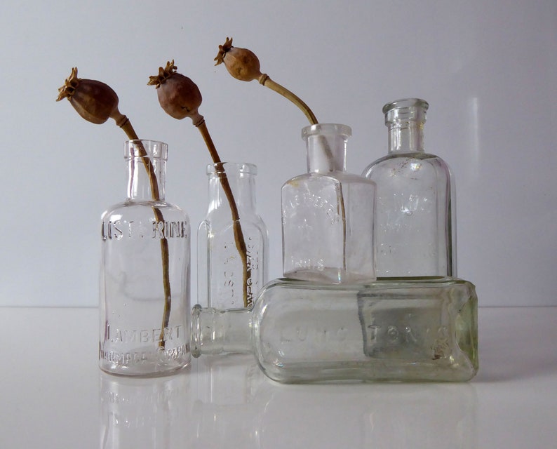 Vintage Glass Tonic Bottles Antique Apothecary Bottles Chemists Advertising image 3