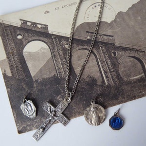 Vintage Lourdes Souvenir: Silver Crucifix, Saints Medals & Postcard
