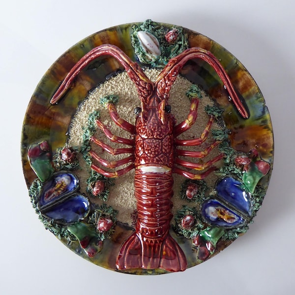 Vintage Portuguese Majolica Lobster Plate | Alvaro Jose Caldas Da Rainha | Palissy Ware | Large Majolica Crayfish Plate