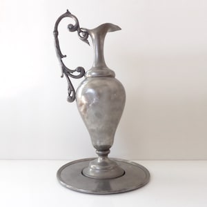 Tall French Pewter Jug And Plate - Vintage Pewter Pitcher - Pewter Decor