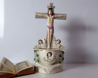 Antique Staffordshire Holy Water Font | 19th Century English Pottery Religious Stoup