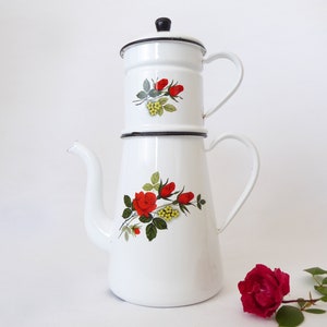 Vintage French Enamel Coffee Pot: White Enamelware with Rose Design