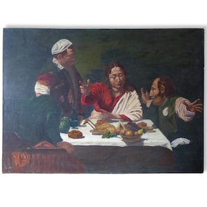 Reproduction of Caravaggio&#39;s &#39;The Supper At Emmaus&#39; - Large Original 1970s Hand Painted Copy Of Caravaggio Masterpiece