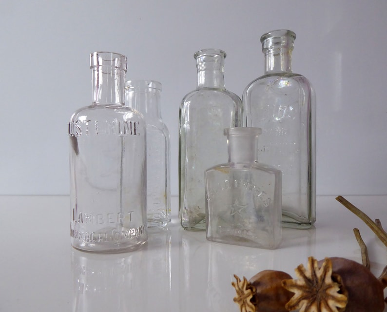 Vintage Glass Tonic Bottles Antique Apothecary Bottles Chemists Advertising image 2