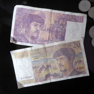 Vintage französische Währung Banknoten | Banque De France | Paar 1993 Zwanzig Franken Banknoten | Alte Geldscheine | Claude Debussy