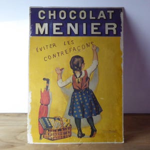 Letrero grande de Chocolate Menier - Letrero publicitario vintage de cartón francés - Decoración de cocina - Letrero publicitario de chocolate para pared