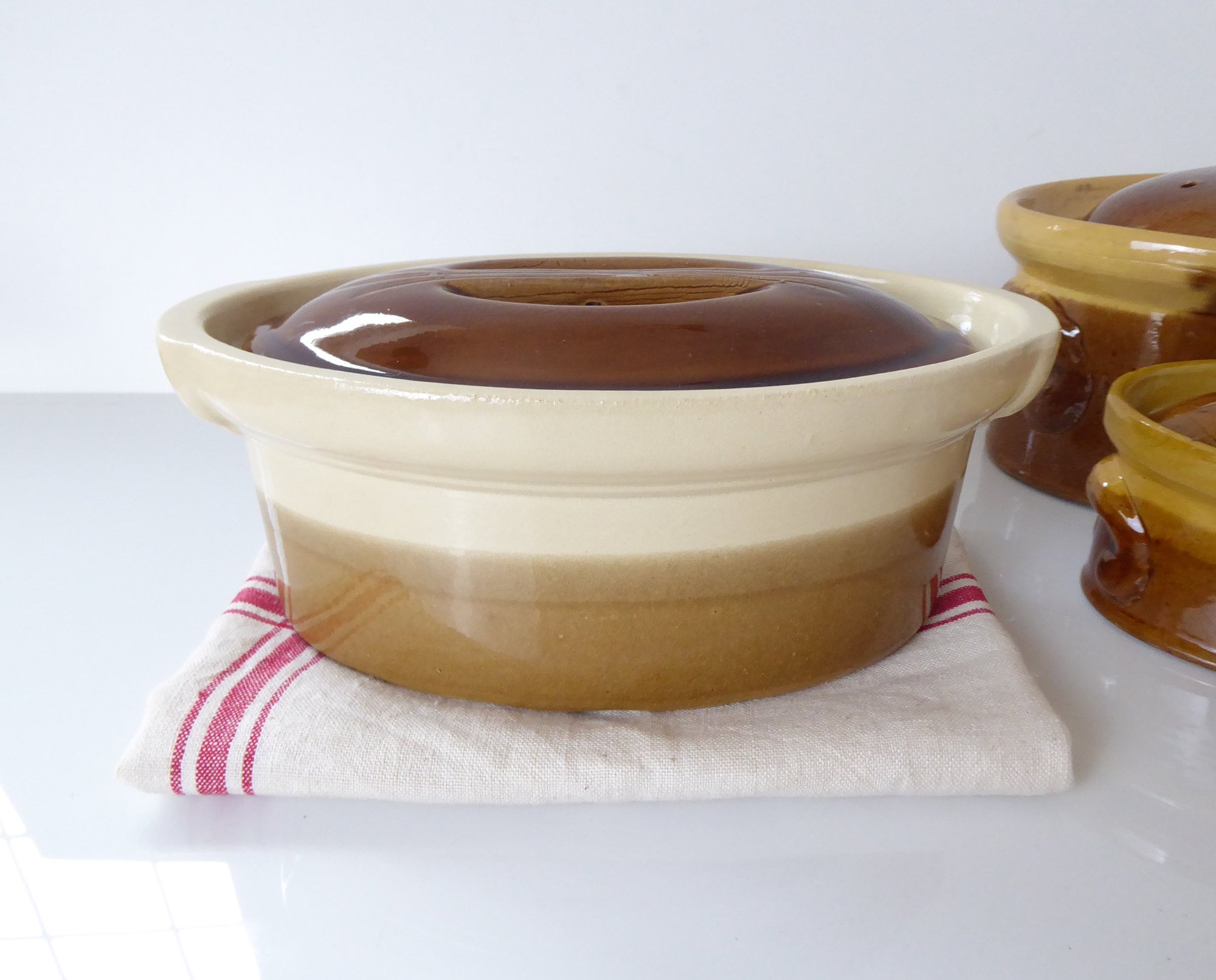 Kitchen Vintage French 1960 s Small individual oval terrine glazed pottery with lid brown and beige