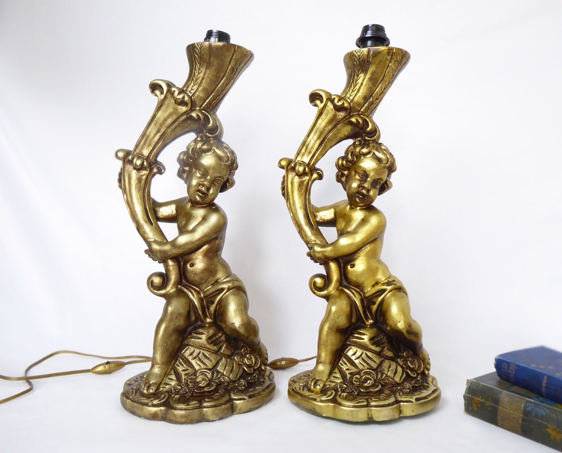 Large Cherub Lamp Gilded Plaster Large Vintage Table Lamp Etsy