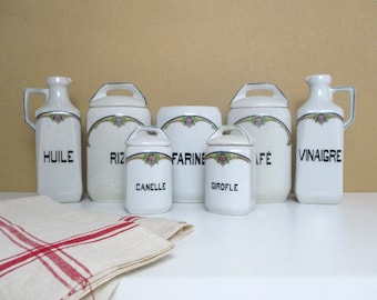 Vintage French Kitchen Jar Set: Art Deco Floral Canisters & Bottles