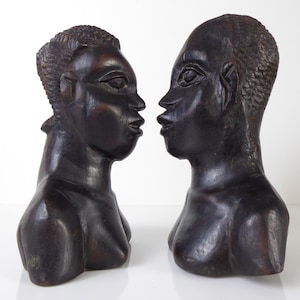 Pair Of Vintage African Ebony Carvings - Hand Carved African Art - Tribal Carving - Carved Face