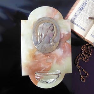 Vintage Religious Benitier With Medallion And Glass Font - French Antique Religious Décor