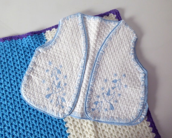 White Baby Waistcoat With Blue Hand Embroidered D… - image 1